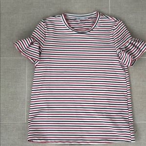 red, white, and blue smock ruffle sleeve t shirt